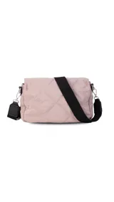 Bandolera color beige con diseño capitoneado, correa de galón ajustable en color negro y tapa con broche.