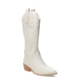 Botas vaqueras de caña alta color bordó, confeccionadas en material sintético imitación cuero. Presentan bordados decorativos en la caña y puntera afilada. Cuentan con un taco bajo y ancho.