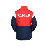 Campera parka acolchada azul con detalles en blanco y azul marino. Presenta el escudo del Club Nacional de Football en el pecho.