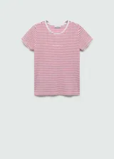 Camiseta de algodón blanca con rayas horizontales rojas, cuello redondo y logo bordado en el pecho.
