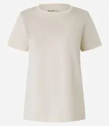 Blusa básica de algodón color tostado, de manga corta con dobladillo y nudo frontal.