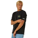 Remera negra de manga corta con cuello redondo y estampado en el pecho con el logo de Rip Curl Pro 25 Event en colores azul y amarillo.