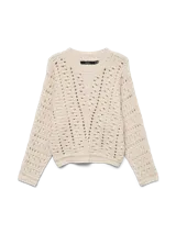 Sweater de punto calado color crema, con cuello redondo y mangas largas.