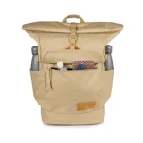 Mochila Jansport Hatchet Rolltop color beige con cierre superior enrollable, múltiples bolsillos y detalles en cuero sintético.