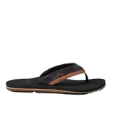 Ojotas Reef Cushion Dawn negras con plantilla marrón y logo en la tira.