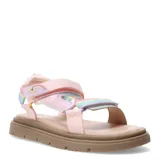 Sandalias de tiras color rosa con detalles de arcoíris y suela marrón.