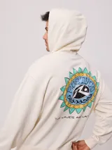 Canguro con capucha color crema, con bolsillo tipo canguro, puños y cintura acanalados. Estampado en el pecho con el logo de la marca y un diseño de sol.