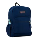 Mochila Jansport Cross Town de 26 litros, color azul marino, con logo de la marca bordado en el frente, bolsillo frontal con cierre, bolsillo lateral de malla y asa de mano en la parte superior.