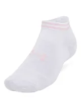 Pack de seis pares de medias deportivas Under Armour unisex, color blanco con detalles en rosa y gris.