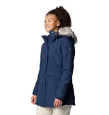Campera azul con capucha con borde de piel sintética, cierre frontal con cremallera y broches, bolsillos con cremallera en el pecho y laterales, puños acanalados y forro térmico reflectante dorado.