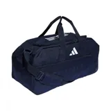 Bolso deportivo Adidas Tiro Duffle, color azul marino con logo blanco. Tiene doble asa de mano y correa de hombro ajustable.