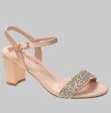 Sandalias de fiesta color rosa pálido con plataforma y taco cuadrado. Tiras con apliques de strass.