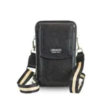 Bandolera porta celular negra de símil cuero con bolsillo frontal con tapa, cierre perimetral, correa de galón regulable y desmontable, y múltiples compartimentos internos para tarjetas y billetes.