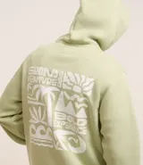 Buzo verde claro con capucha y cordón ajustable, de algodón con felpa. Tiene manga larga, barras ajustadas, bolsillo canguro y estampa frontal y trasera con la leyenda "Grand venture 1990".
