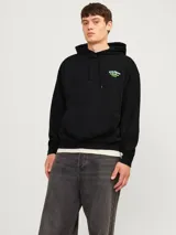 Hoodie negro con capucha y manga larga, de fit holgado y tejido loop back.