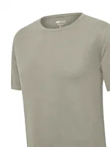 Remera color gris claro de lino orgánico con elastano, cuello redondo y mangas cortas.