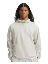 Buzo deportivo con capucha Under Armour Unstoppable Woven Hoodie, color blanco hueso, con logo y nombre de la marca estampados en el pecho.