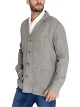 Chaqueta tipo blazer RKF Fornillo confeccionada en lino orgánico color gris, con cuello de solapa, cierre con botones y múltiples bolsillos con fuelle.