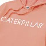 Buzo con capucha color salmón, con logo de Caterpillar estampado en blanco en el pecho y bolsillo tipo canguro.