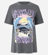 Remera gris de algodón con estampa de dos delfines, tablas de surf y la frase "Soul of Sunshine".