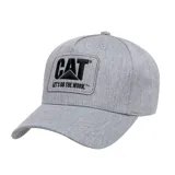 Gorro gris con logo de CAT bordado en un parche rectangular en el frente. Tiene visera curva y cierre trasero ajustable con broche a presión.