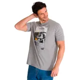 Remera gris de algodón con estampa frontal de una excavadora Caterpillar y el logo de la marca. Corte clásico y mangas cortas.