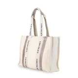 Bolso tipo tote bag color crudo con estampado del logo "Lincoln's" en negro. Tiene detalles en símil cuero negro en las asas y en la base.