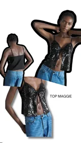 Top negro de fiesta con lentejuelas, escote en V y tirantes finos.