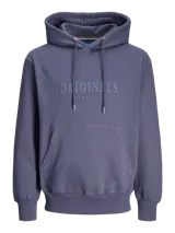 Hoodie tipo canguro azul con capucha y cordones ajustables. Estampado con la palabra "Originals" y el logo de Jack & Jones en el pecho.
