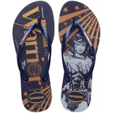 Ojotas Havaianas con diseño de Wonder Woman, con base azul marino y tiras azules.