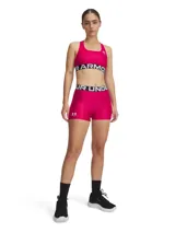 Calza corta de mujer Under Armour, modelo HeatGear Shorty, color azul con logo en la pierna izquierda y cintura elástica con la inscripción Under Armour.
