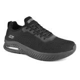 Championes Skechers Squad Air Close Encounter, color negro, con capellada de malla tejida, plantilla Skechers Air-Cooled Memory Foam y media suela con cámara de aire visible.