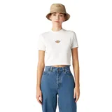 Remera blanca de corte cropped con logo de Dickies bordado en el pecho.