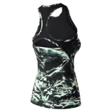 Musculosa deportiva New Balance con estampado abstracto en blanco, negro y celeste. Espalda racerback.