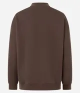 Buzo de algodón y felpa color marrón oscuro con cuello redondo y mangas largas. Presenta un estampado frontal de un oso con gafas de sol y traje a rayas, con el texto "Nice Sundays" en la parte superior y la frase "un café si vous plait morning" en la parte inferior.