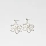 Par de aros colgantes plateados con forma de flor calada y detalle de strass en el centro.