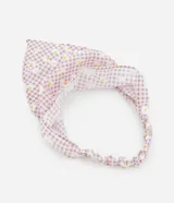 Bandana elástica de tela con estampado de cuadros vichy color lila y flores margaritas.