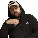 Campera deportiva Puma ESS Fullzip Hoodie negra con cierre frontal, capucha con cordones ajustables y logo blanco estampado en el pecho.