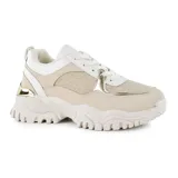 Championes urbanos color beige con detalles en blanco y dorado.