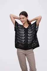 Poncho calado negro con escote en V y mangas cortas.
