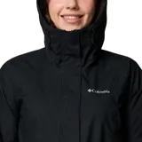 Campera impermeable Columbia Hikebound II Long para mujer, color negro, con capucha ajustable, cierre frontal con solapa, cintura ajustable con cordón, puños ajustables, bolsillo oculto en el pecho y bolsillos con cremallera para las manos. Ideal para senderismo.