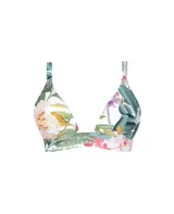 Top de bikini con estampado floral multicolor, corte triangular y tirantes finos.