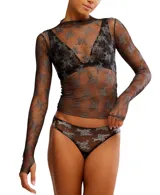 Top de manga larga, cuello alto y calce ajustado, confeccionado en tul negro transparente con estampado floral en gris. Presenta aberturas para los pulgares en los puños.