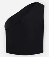 Blusa cropped negra de poliéster y elastano, con un solo hombro descubierto, fruncido lateral y bretel torcido.
