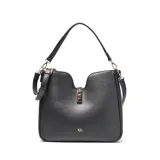 Cartera tipo hobo estructurada de material símil cuero negro, con asa corta fija y correa larga regulable y desmontable. Presenta herrajes metálicos color dorado y cierre en el compartimento principal.