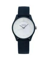 Reloj Mistral deportivo con correa de silicona azul y esfera blanca con agujas plateadas.