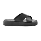Sandalias negras de cuero sintético con plataforma y tiras cruzadas.