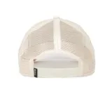 Gorra trucker color blanco con bordado de un tigre en la parte frontal.