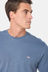 Remera celeste de manga corta con cuello redondo y bordado pequeño en el pecho. Corte clásico.