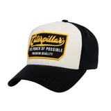 Gorro de gabardina negro con paneles frontales blancos y visera negra. Presenta un parche rectangular con borde amarillo y logo de Caterpillar en amarillo y texto en blanco.